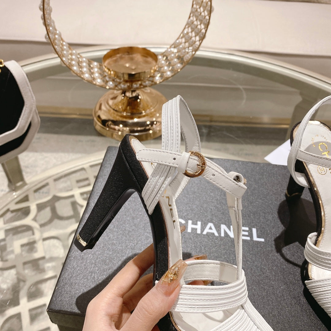 Chanel Double C Heeled Sandals White Black Lambskin