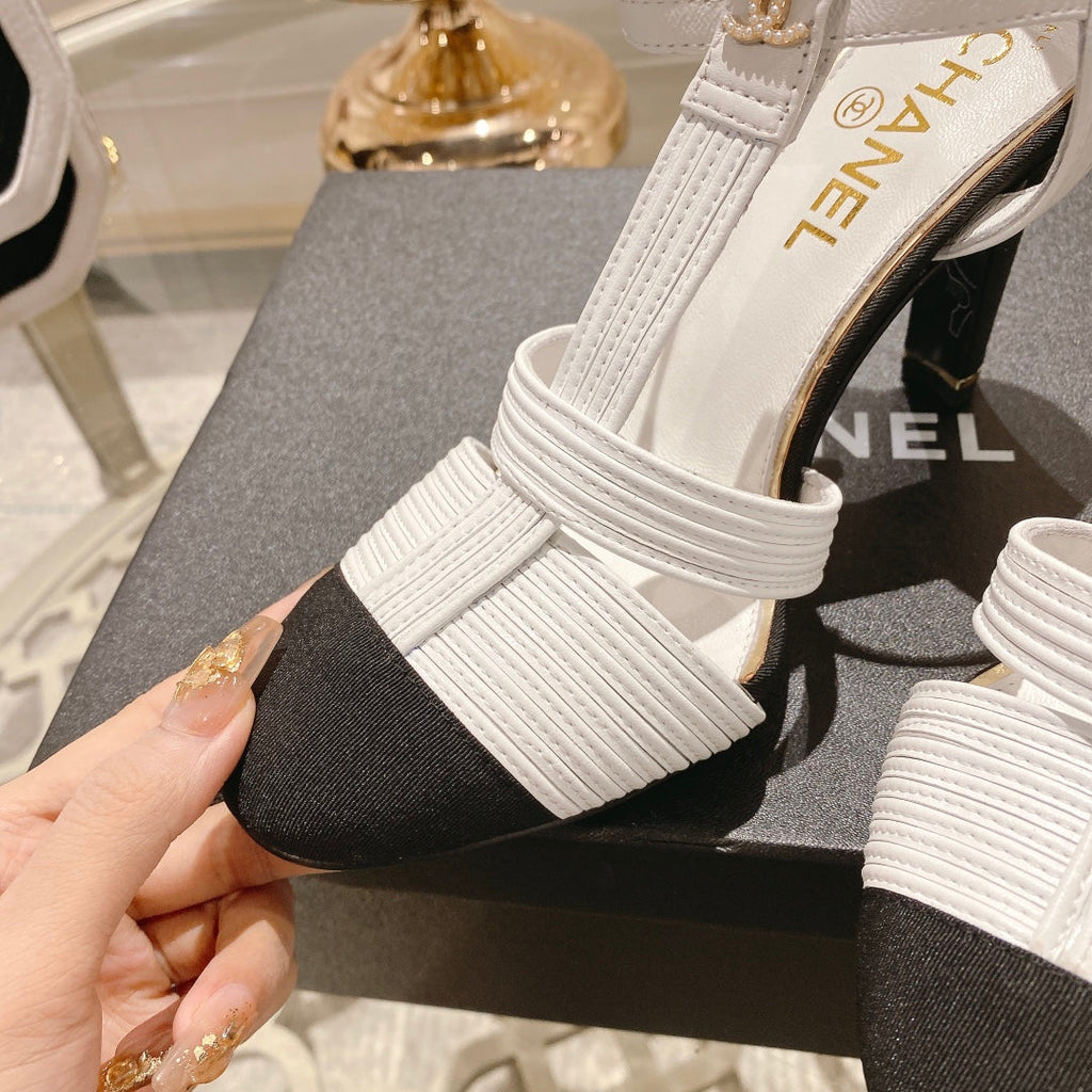 Chanel Double C Heeled Sandals White Black Lambskin