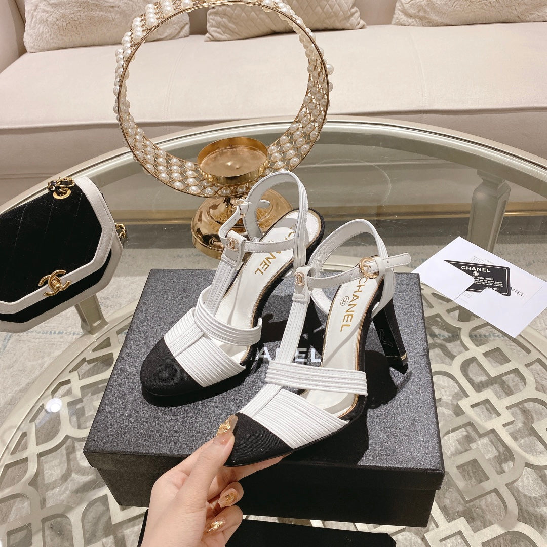 Chanel Double C Heeled Sandals White Black Lambskin