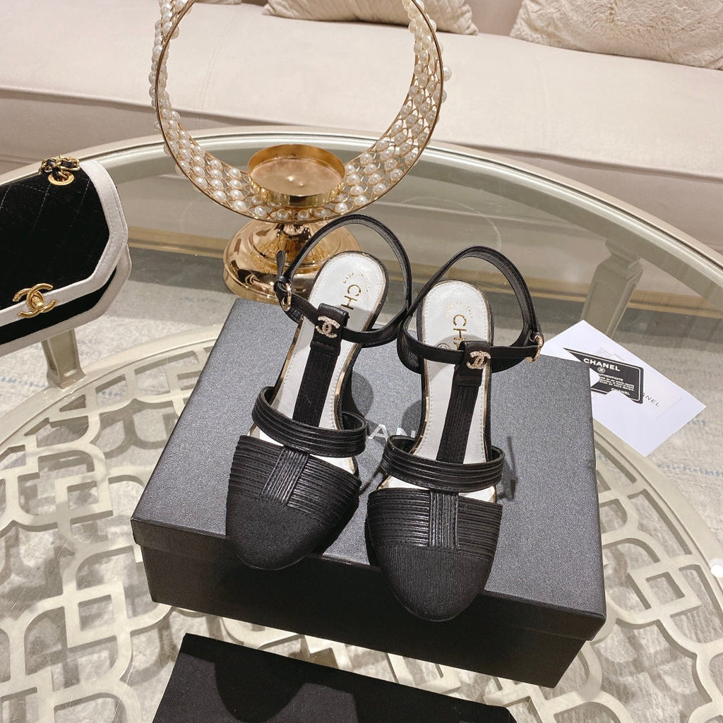 Chanel Double C Heeled Sandals Black Lambskin
