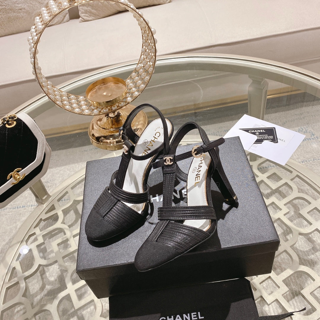 Chanel Double C Heeled Sandals Black Lambskin