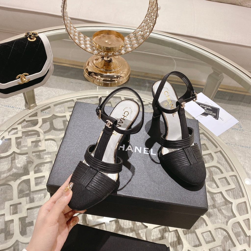 Chanel Double C Heeled Sandals Black Lambskin