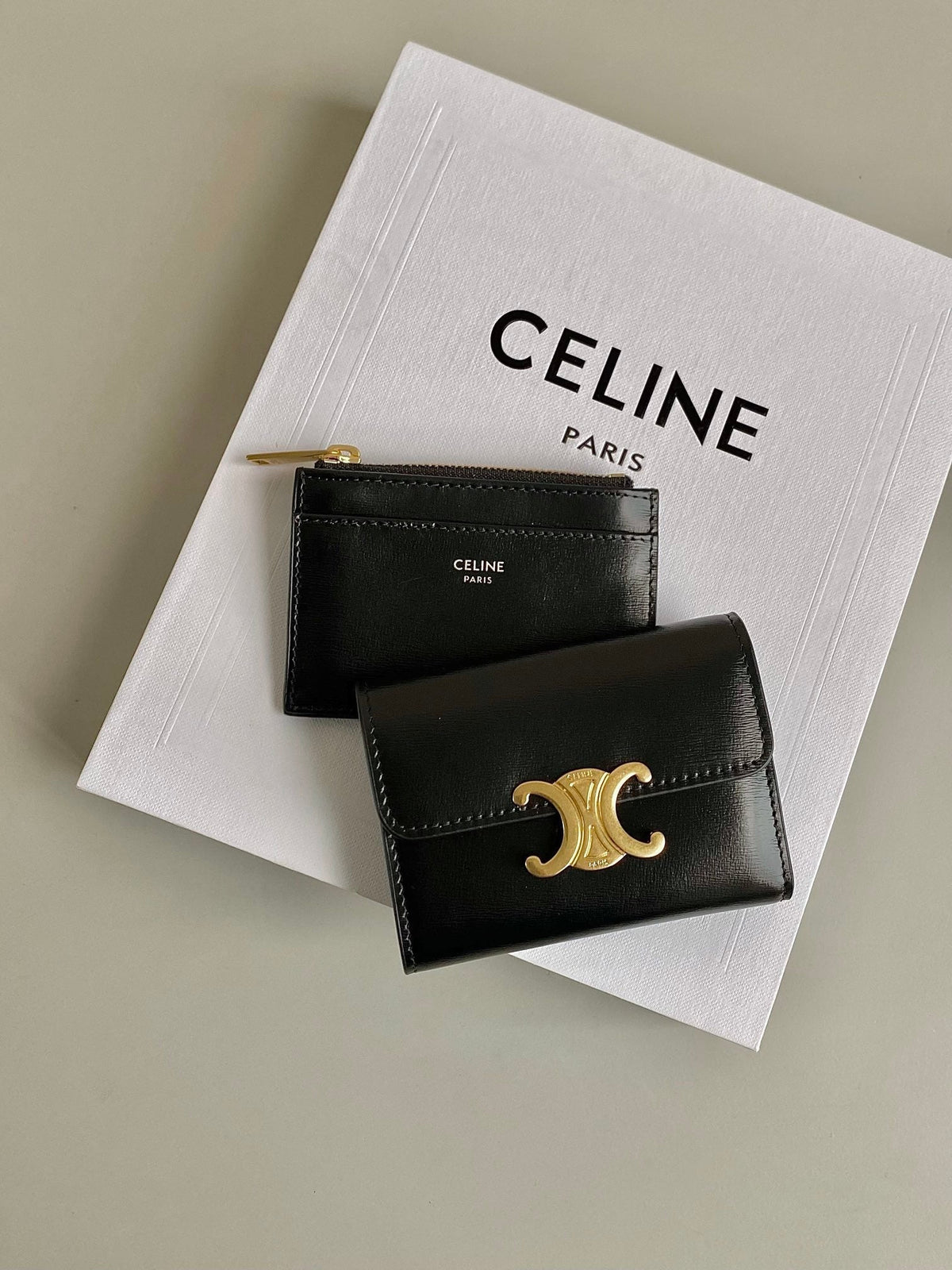 Celine Triomphe 9 Wallet Two-In-One Black Calfskin