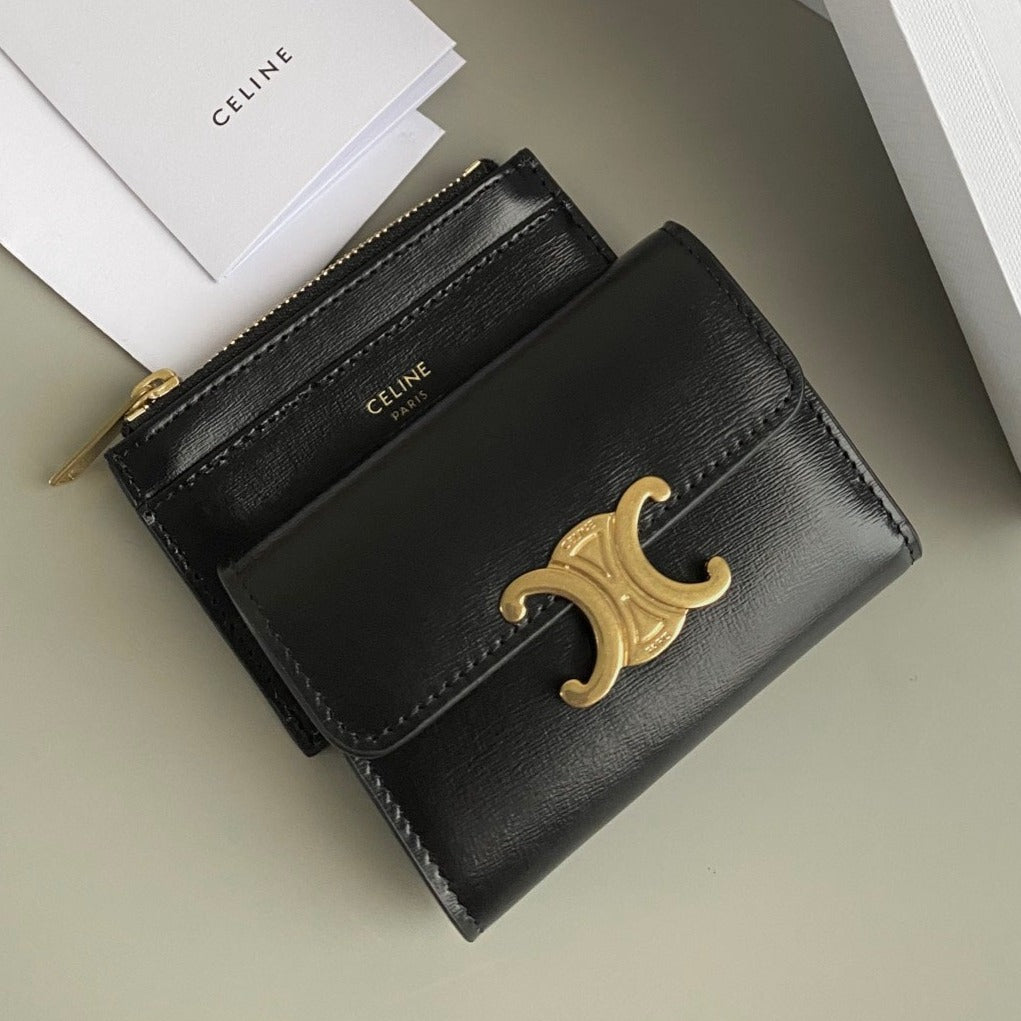 Celine Triomphe 9 Wallet Two-In-One Black Calfskin