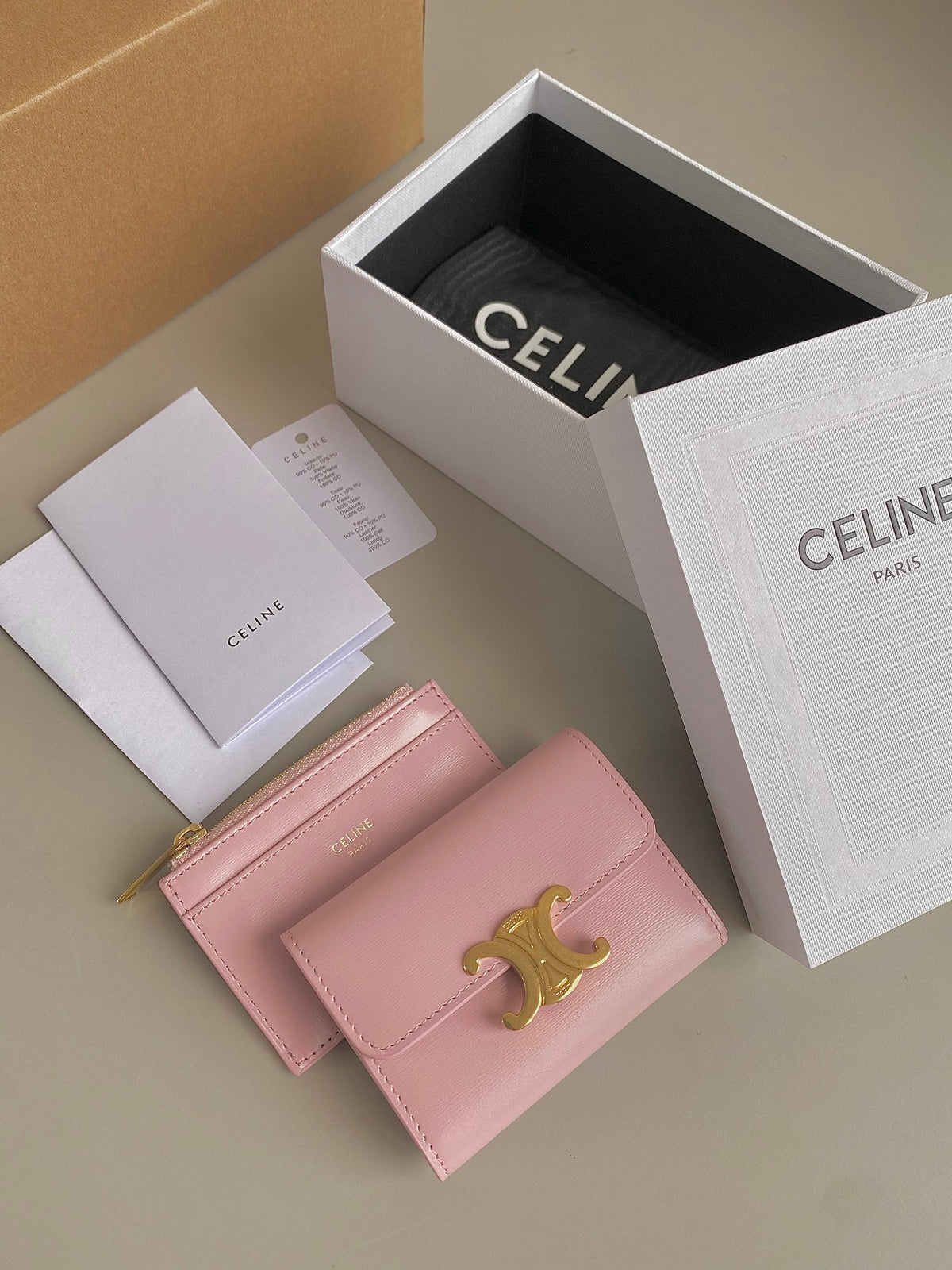 Celine Triomphe 9 Wallet Two-In-One Pink Pastel Calfskin