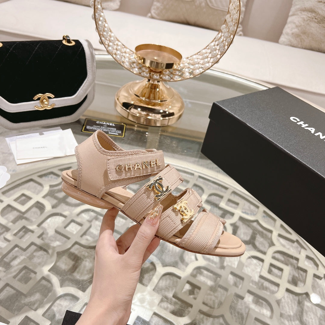 Chanel Double C Xiaoxiang Chain Fabric Head Chunky Sandal Cream Lambskin