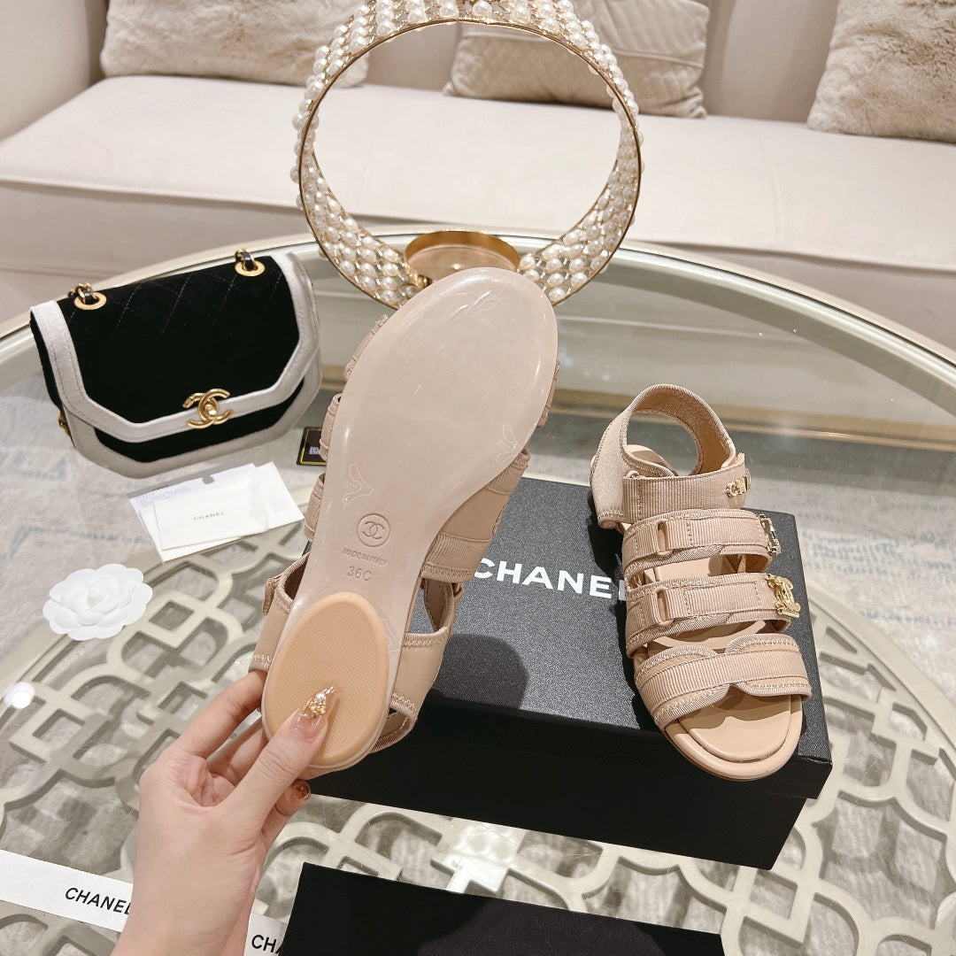 Chanel Double C Xiaoxiang Chain Fabric Head Chunky Sandal Cream Lambskin
