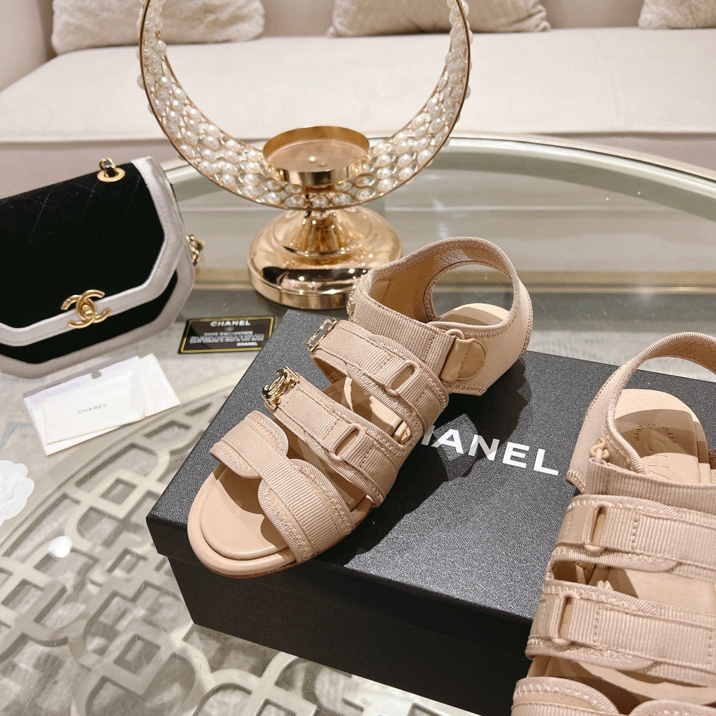 Chanel Double C Xiaoxiang Chain Fabric Head Chunky Sandal Cream Lambskin