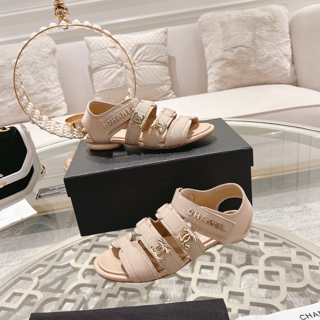 Chanel Double C Xiaoxiang Chain Fabric Head Chunky Sandal Cream Lambskin