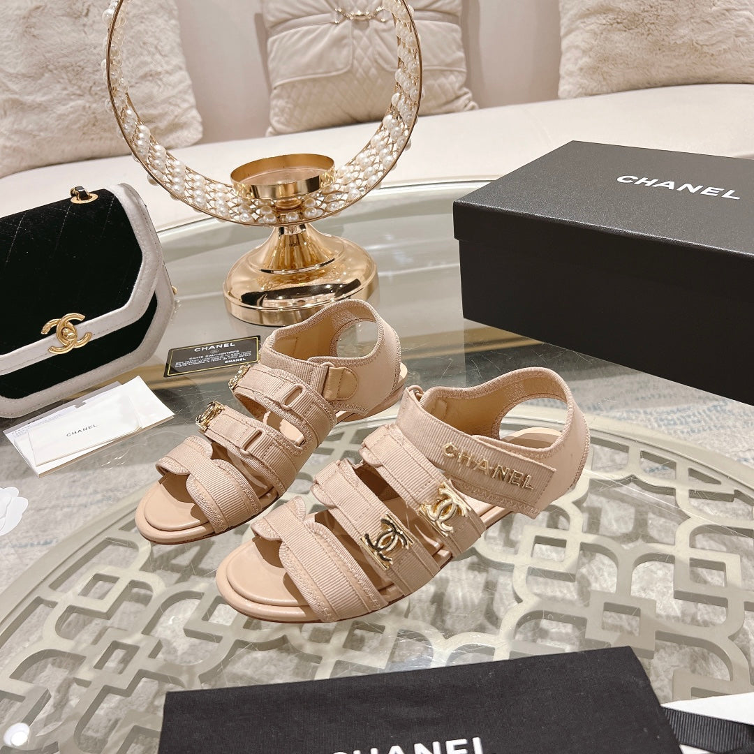 Chanel Double C Xiaoxiang Chain Fabric Head Chunky Sandal Cream Lambskin