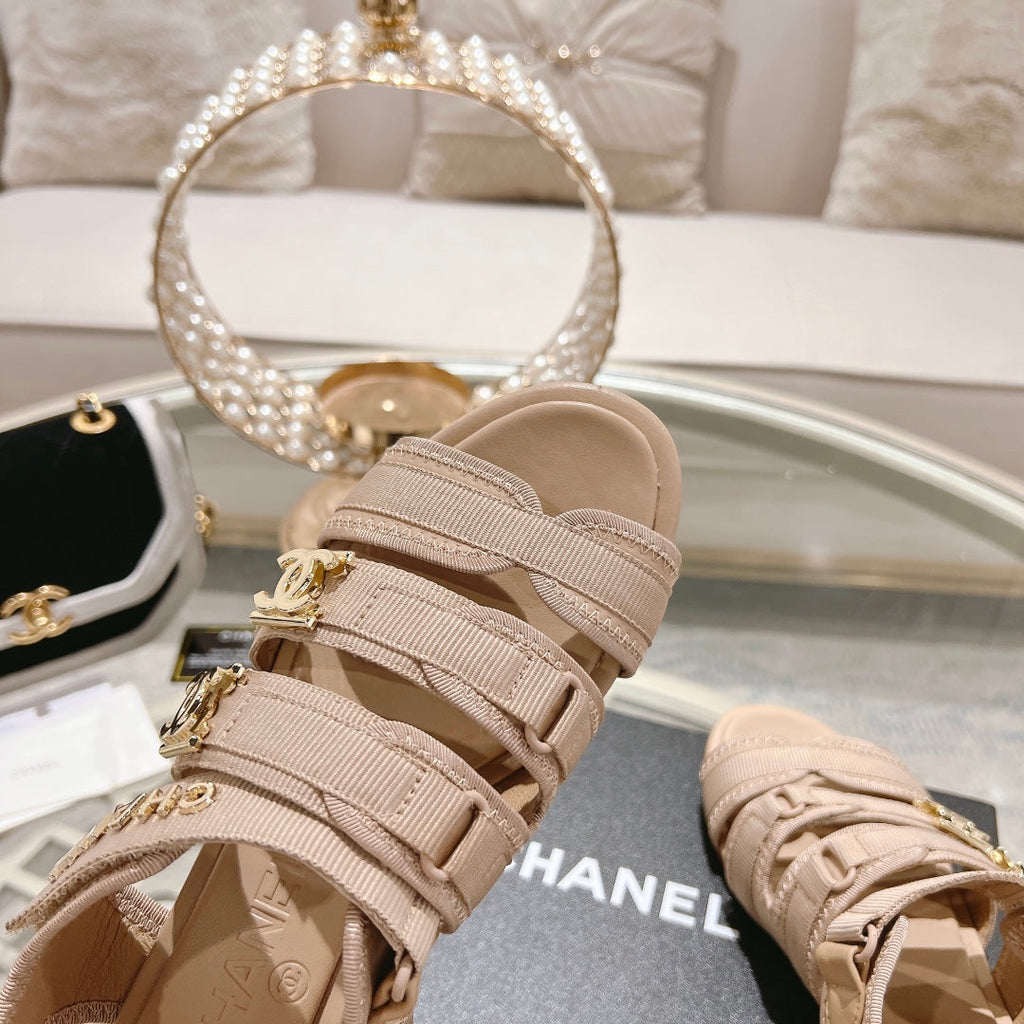 Chanel Double C Xiaoxiang Chain Fabric Head Chunky Sandal Cream Lambskin