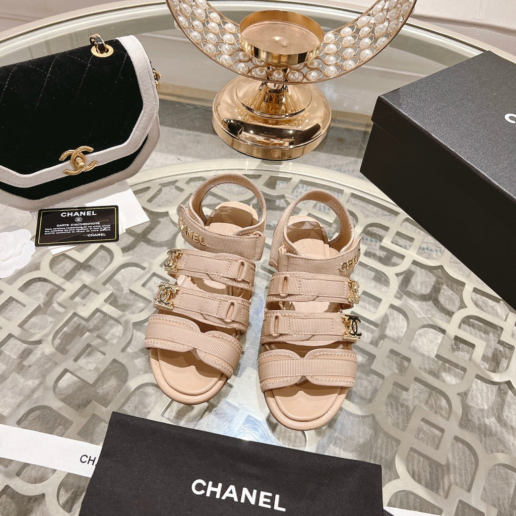 Chanel Double C Xiaoxiang Chain Fabric Head Chunky Sandal Cream Lambskin