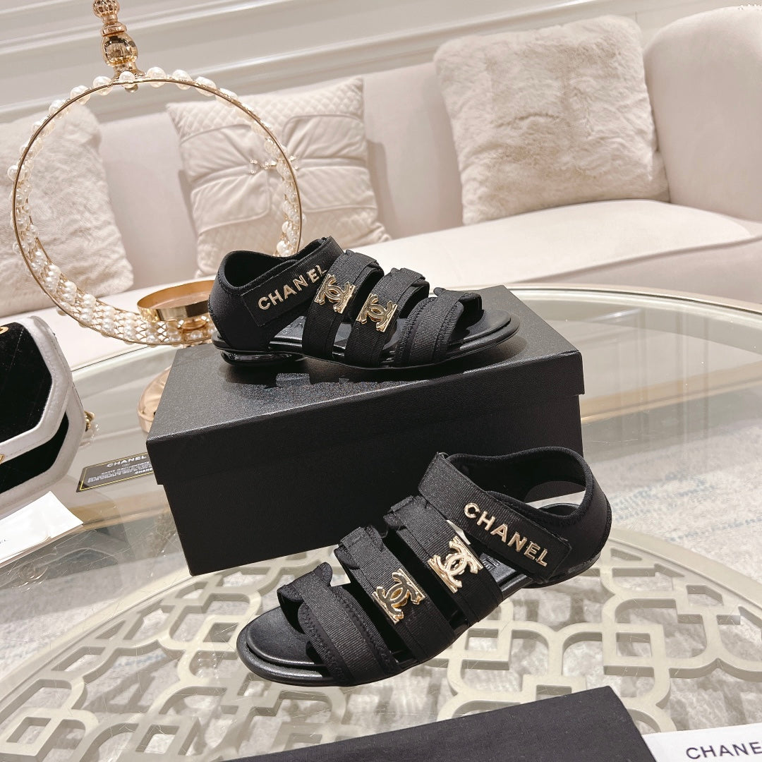 Chanel Double C Xiaoxiang Chain Fabric Head Chunky Sandal Black Lambskin