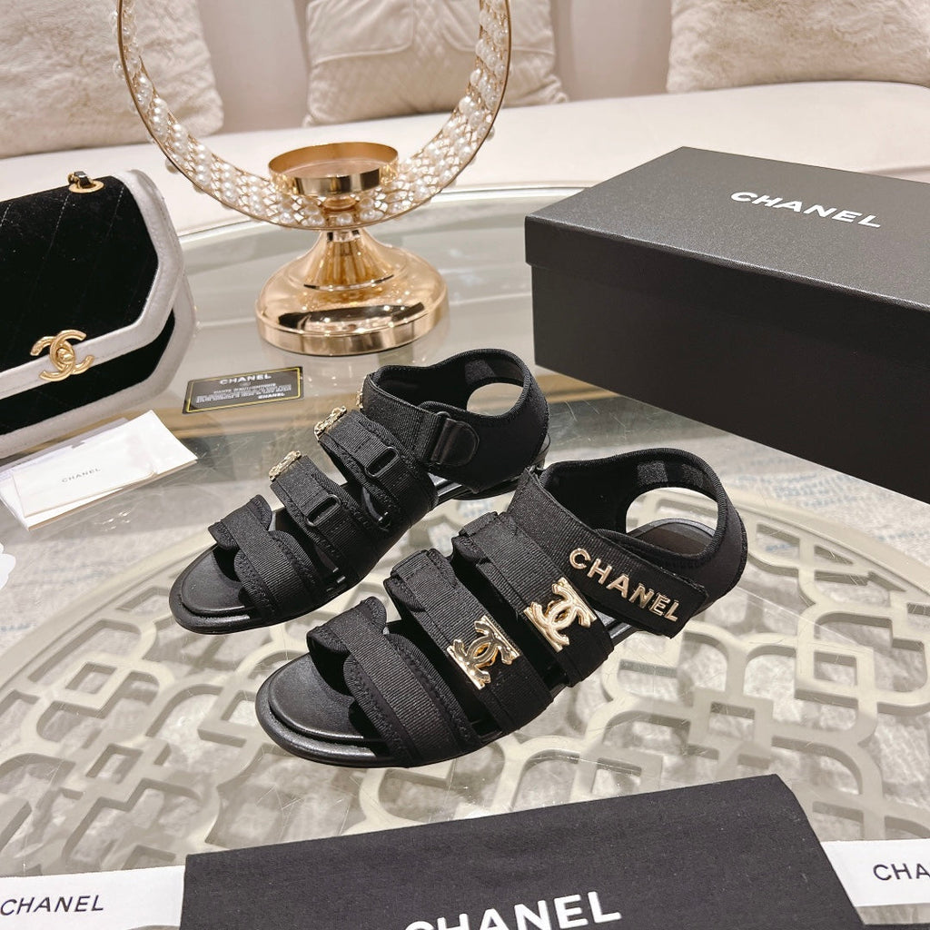 Chanel Double C Xiaoxiang Chain Fabric Head Chunky Sandal Black Lambskin