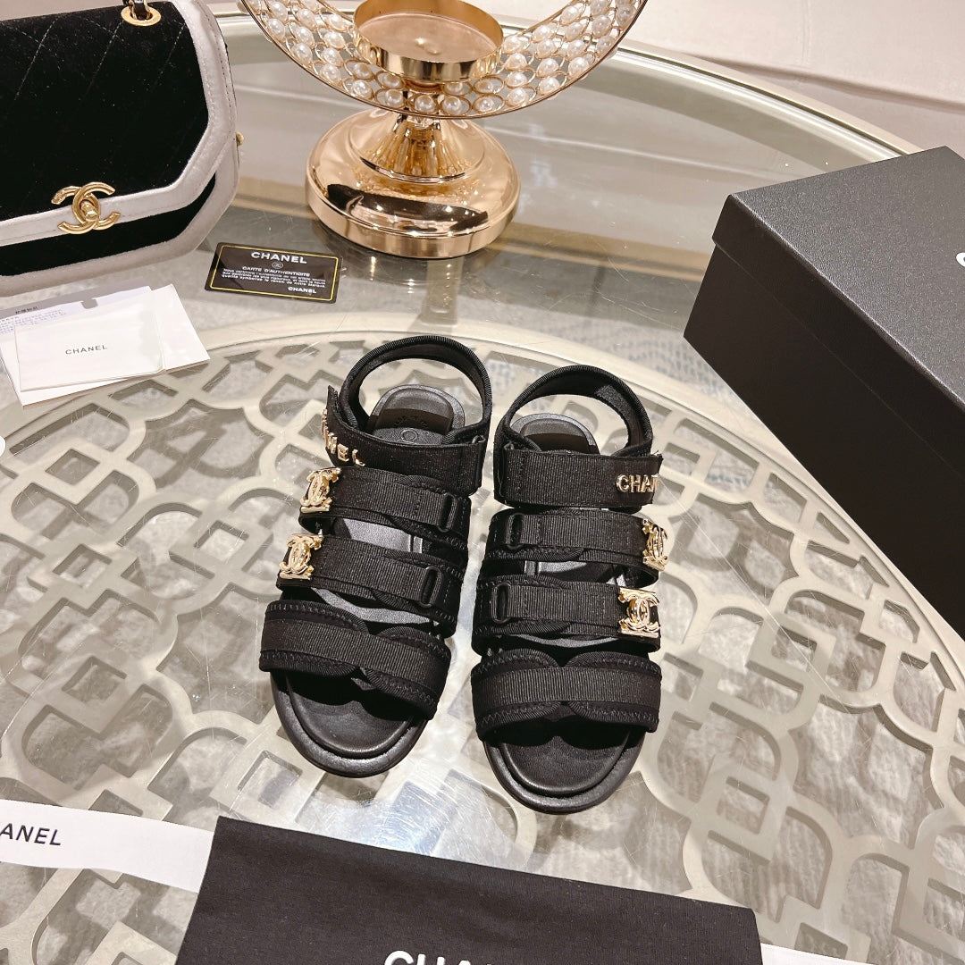 Chanel Double C Xiaoxiang Chain Fabric Head Chunky Sandal Black Lambskin