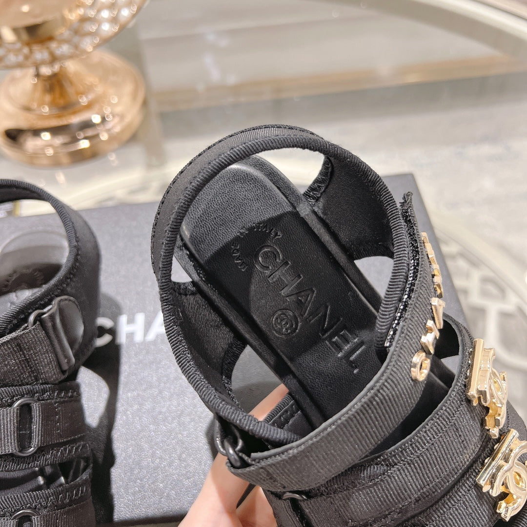 Chanel Double C Xiaoxiang Chain Fabric Head Chunky Sandal Black Lambskin