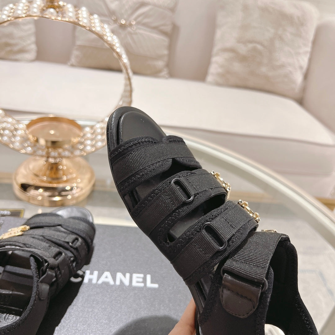 Chanel Double C Xiaoxiang Chain Fabric Head Chunky Sandal Black Lambskin