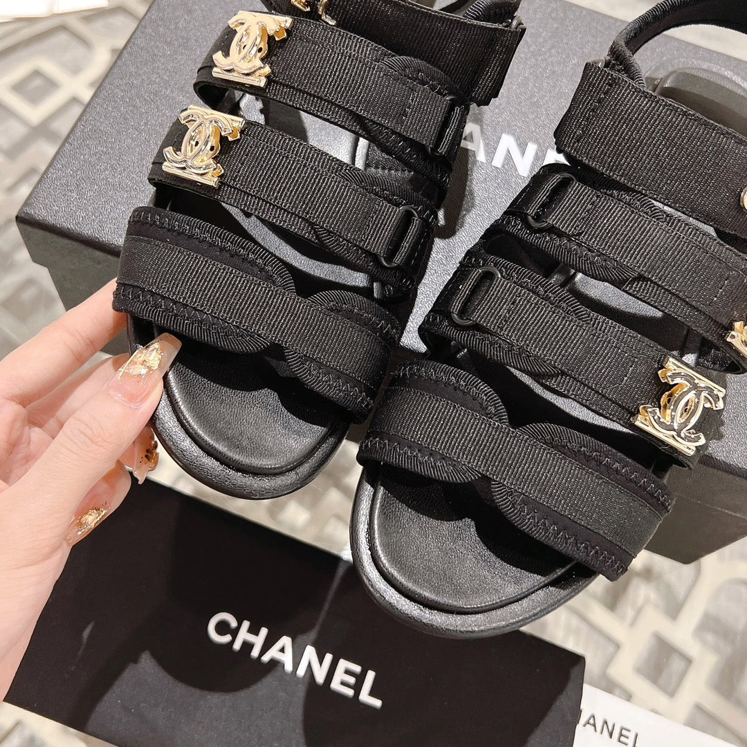 Chanel Double C Xiaoxiang Chain Fabric Head Chunky Sandal Black Lambskin