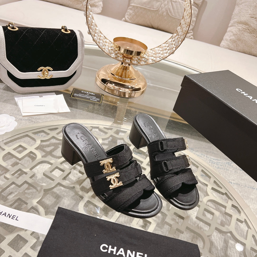 Chanel Double C Xiaoxiang Chain Fabric Head Chunky High Heel Black Lambskin