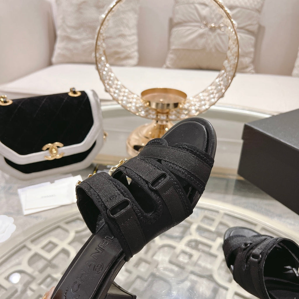 Chanel Double C Xiaoxiang Chain Fabric Head Chunky High Heel Black Lambskin