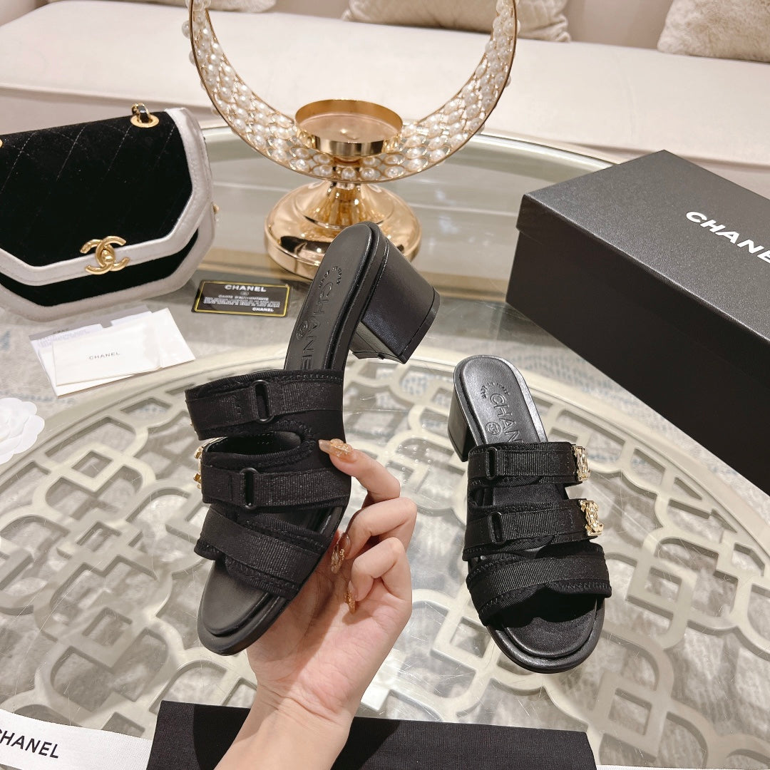 Chanel Double C Xiaoxiang Chain Fabric Head Chunky High Heel Black Lambskin
