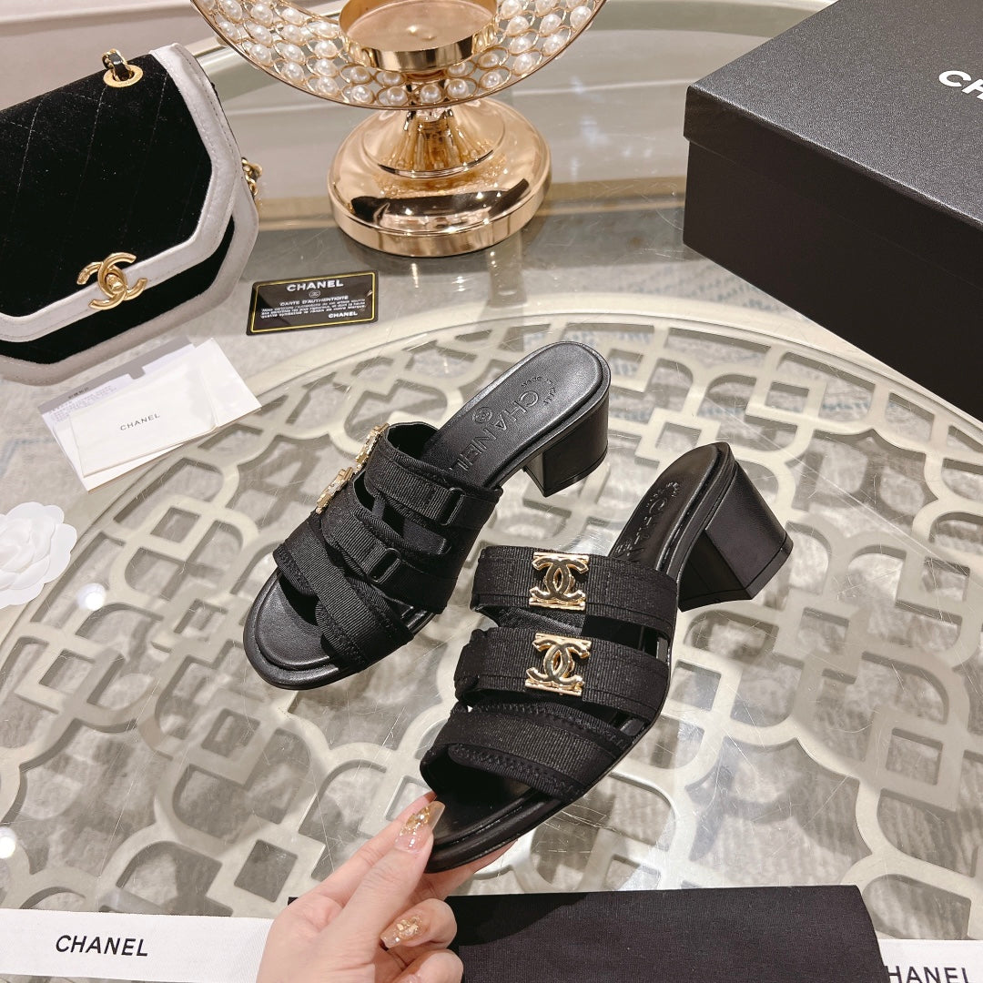 Chanel Double C Xiaoxiang Chain Fabric Head Chunky High Heel Black Lambskin
