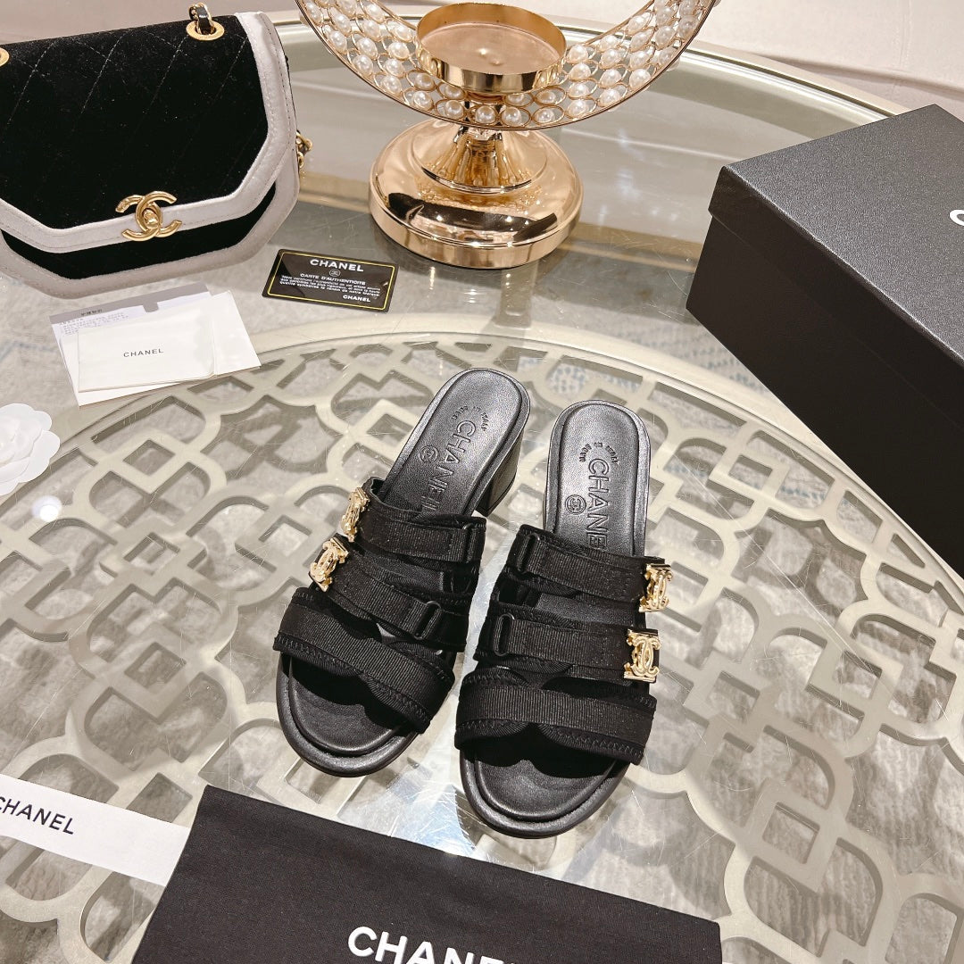 Chanel Double C Xiaoxiang Chain Fabric Head Chunky High Heel Black Lambskin