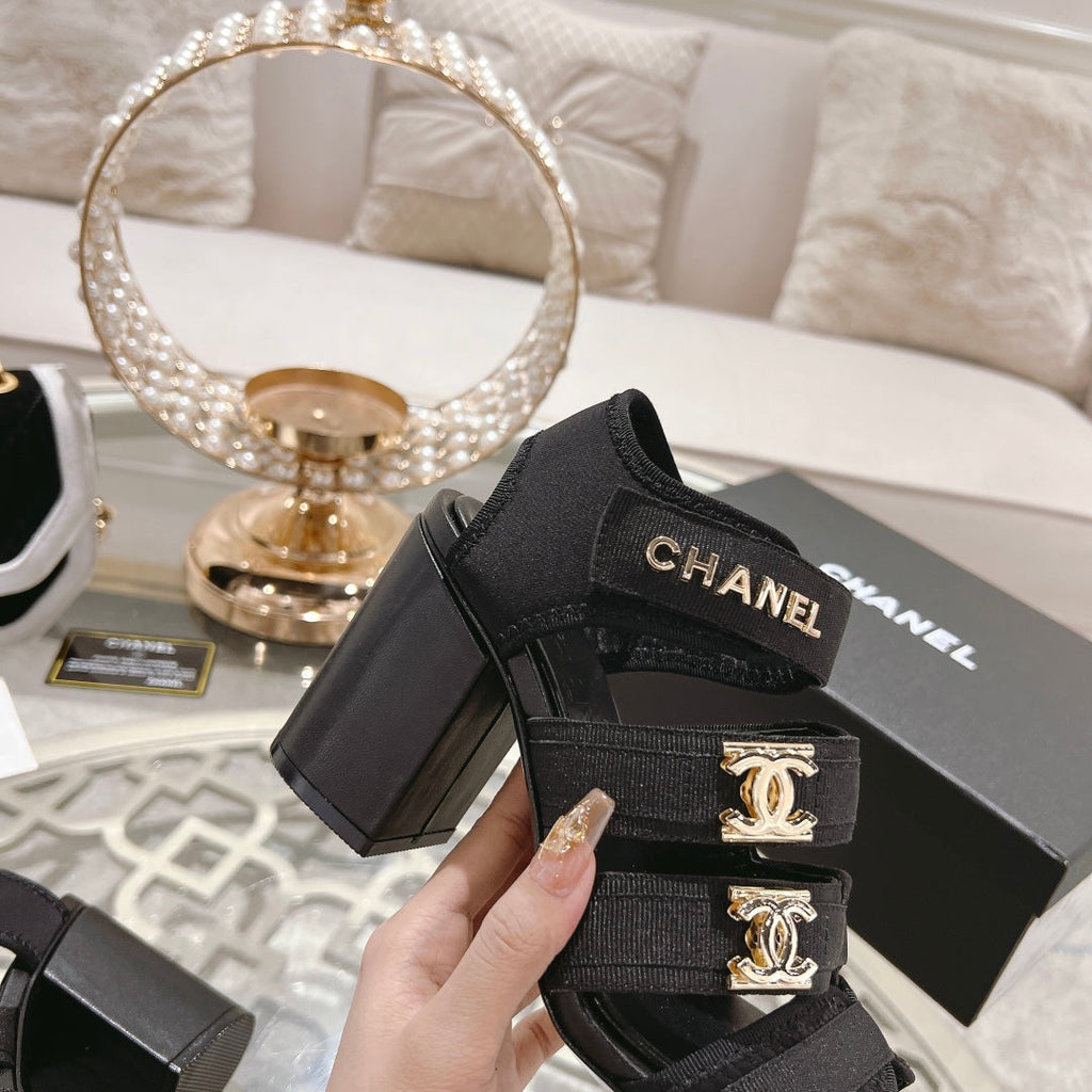 Chanel Double C Xiaoxiang Chain Fabric Head Chunky Heel Sandals Black Lambskin