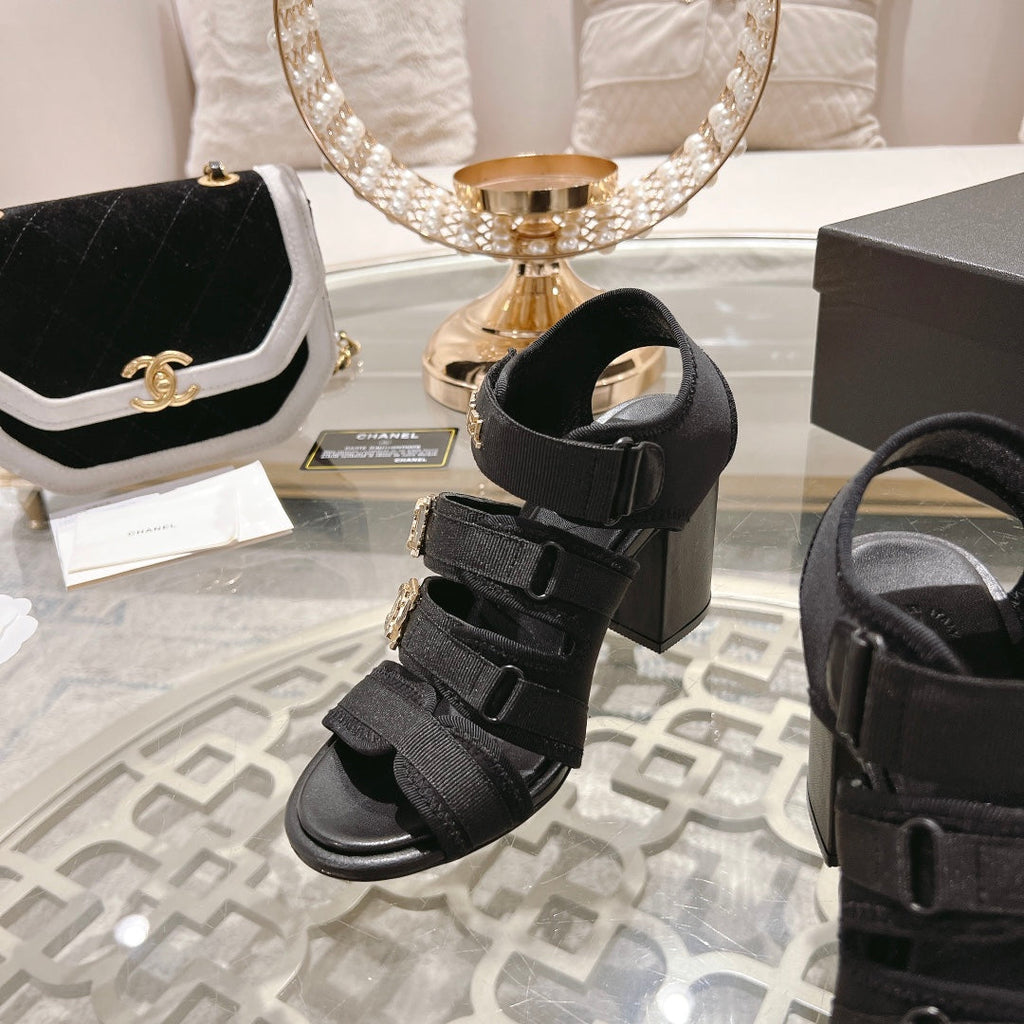 Chanel Double C Xiaoxiang Chain Fabric Head Chunky Heel Sandals Black Lambskin