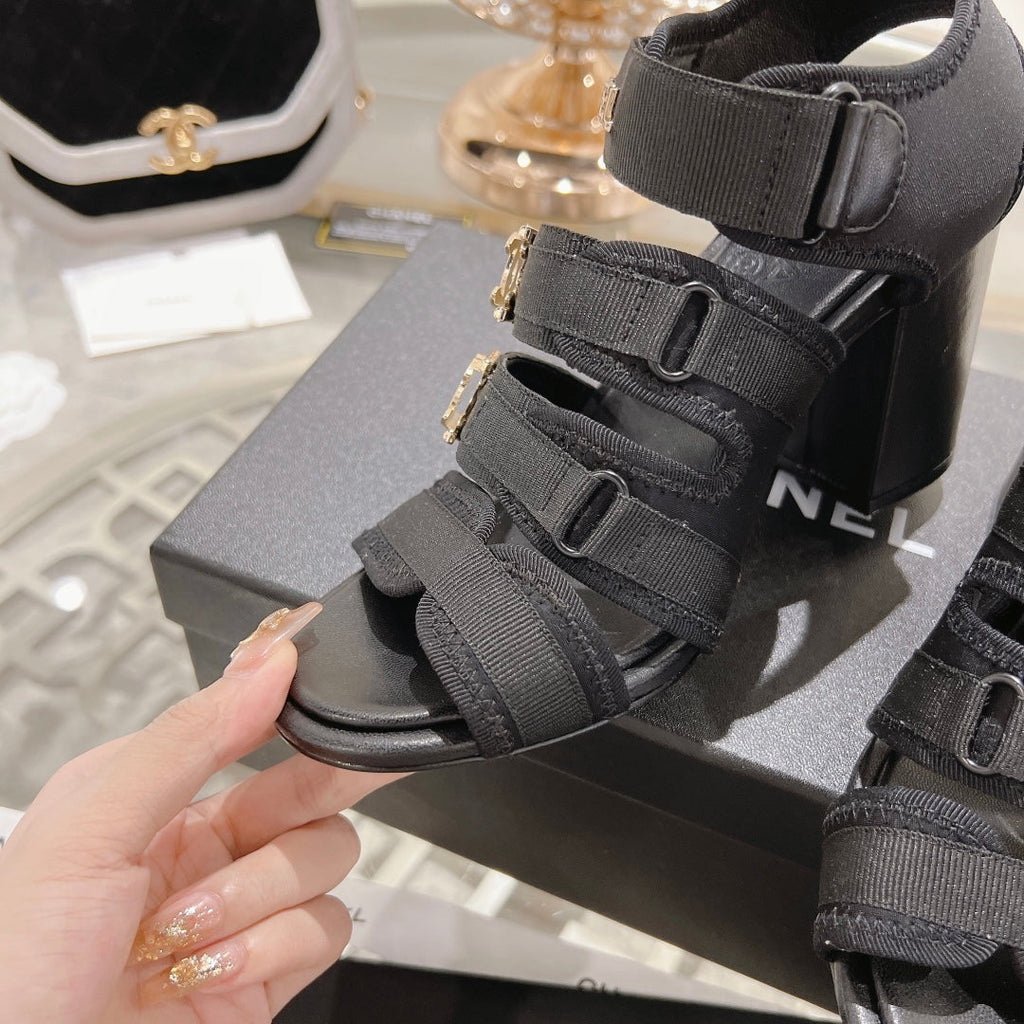 Chanel Double C Xiaoxiang Chain Fabric Head Chunky Heel Sandals Black Lambskin
