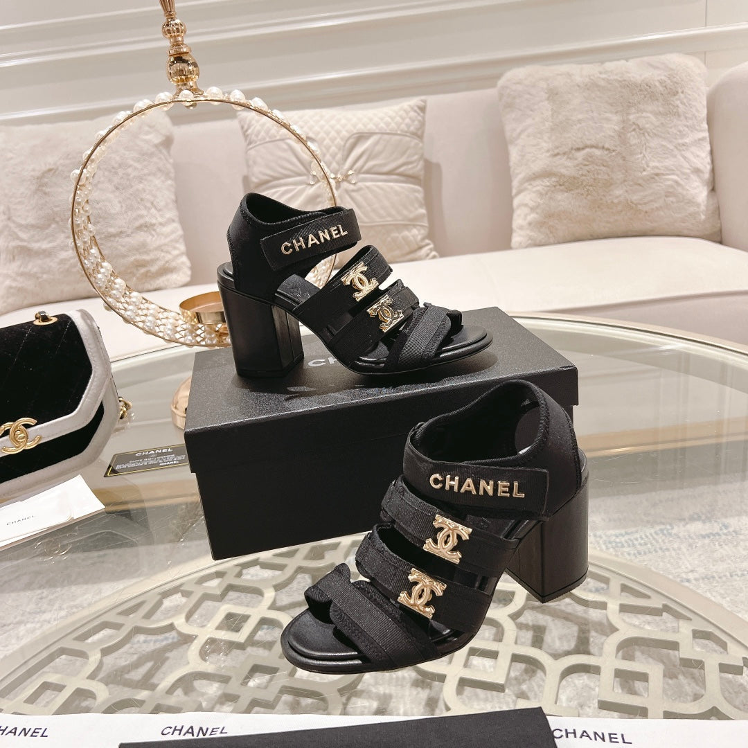 Chanel Double C Xiaoxiang Chain Fabric Head Chunky Heel Sandals Black Lambskin