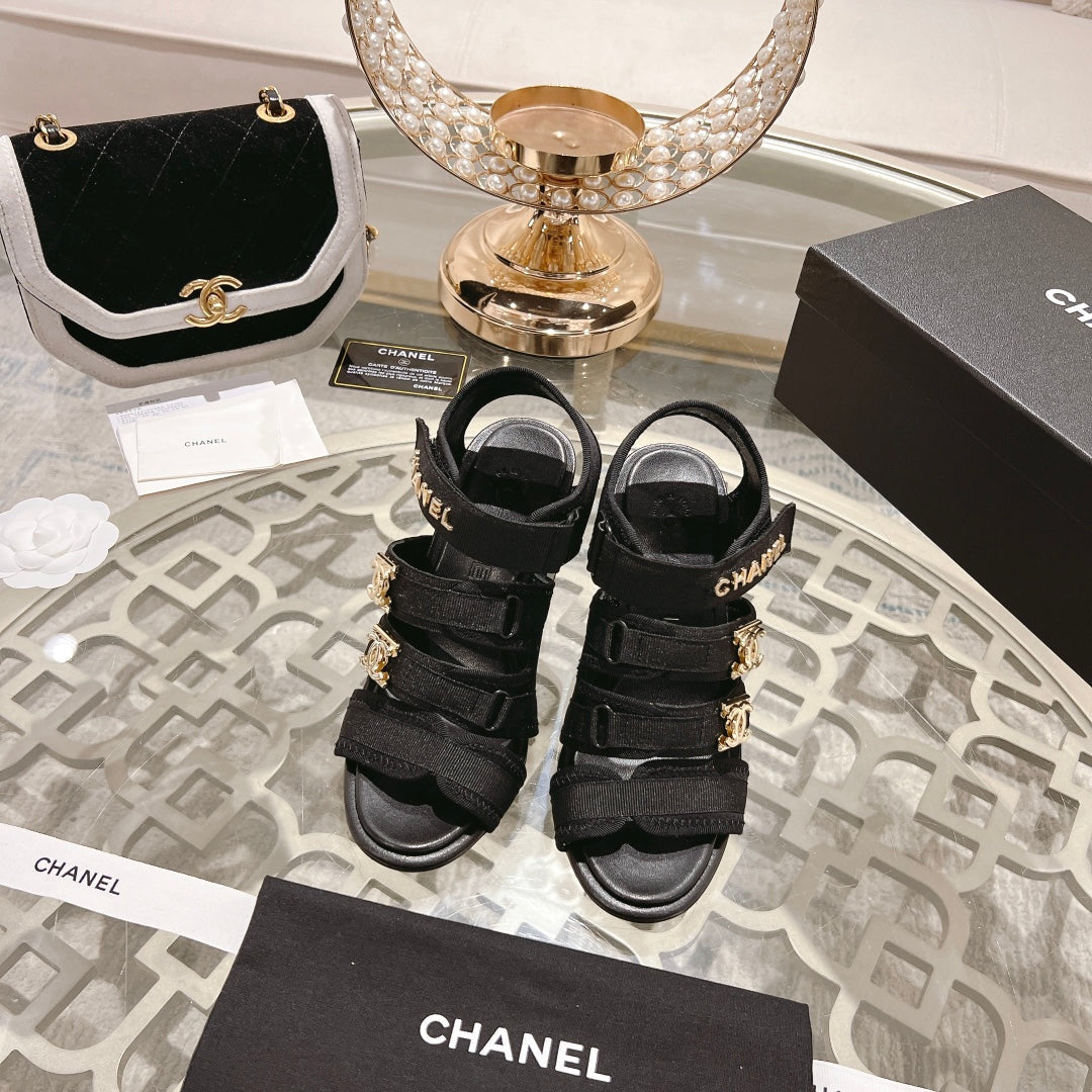 Chanel Double C Xiaoxiang Chain Fabric Head Chunky Heel Sandals Black Lambskin