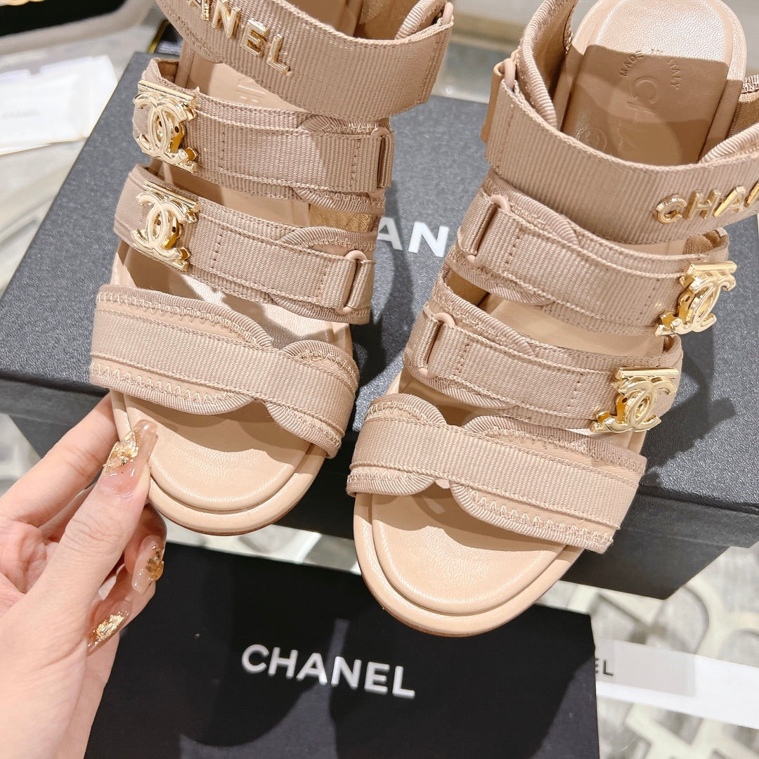 Chanel Double C Xiaoxiang Chain Fabric Head Chunky Heel Sandals Cream Lambskin
