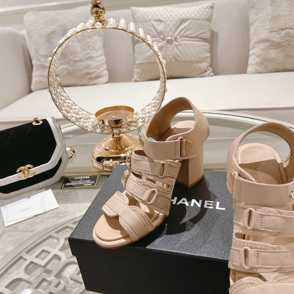 Chanel Double C Xiaoxiang Chain Fabric Head Chunky Heel Sandals Cream Lambskin