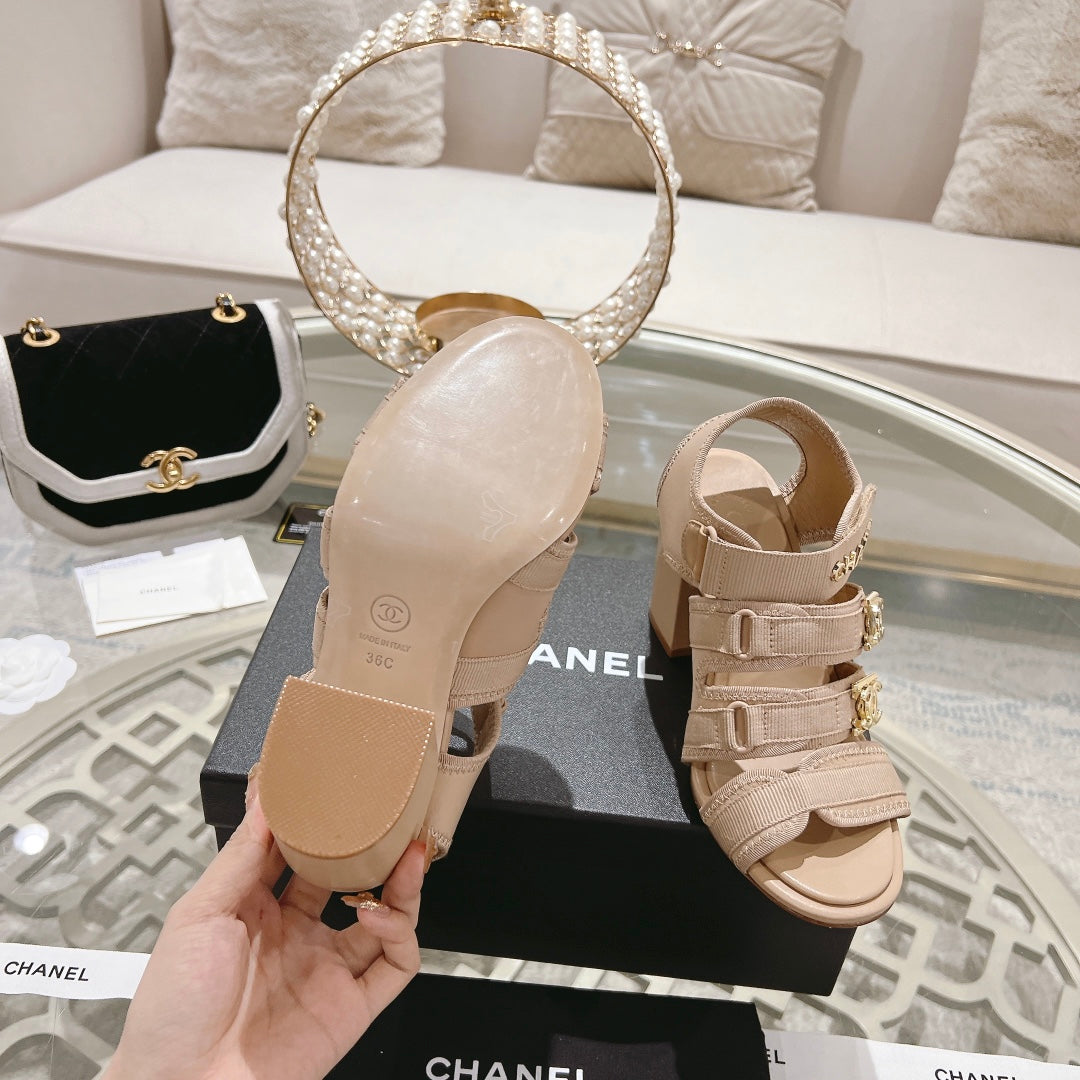 Chanel Double C Xiaoxiang Chain Fabric Head Chunky Heel Sandals Cream Lambskin