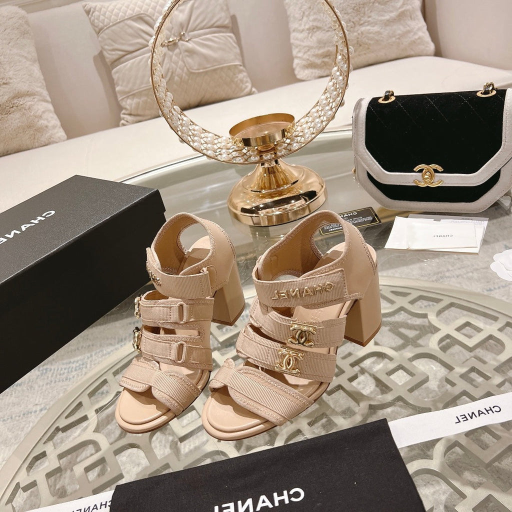 Chanel Double C Xiaoxiang Chain Fabric Head Chunky Heel Sandals Cream Lambskin
