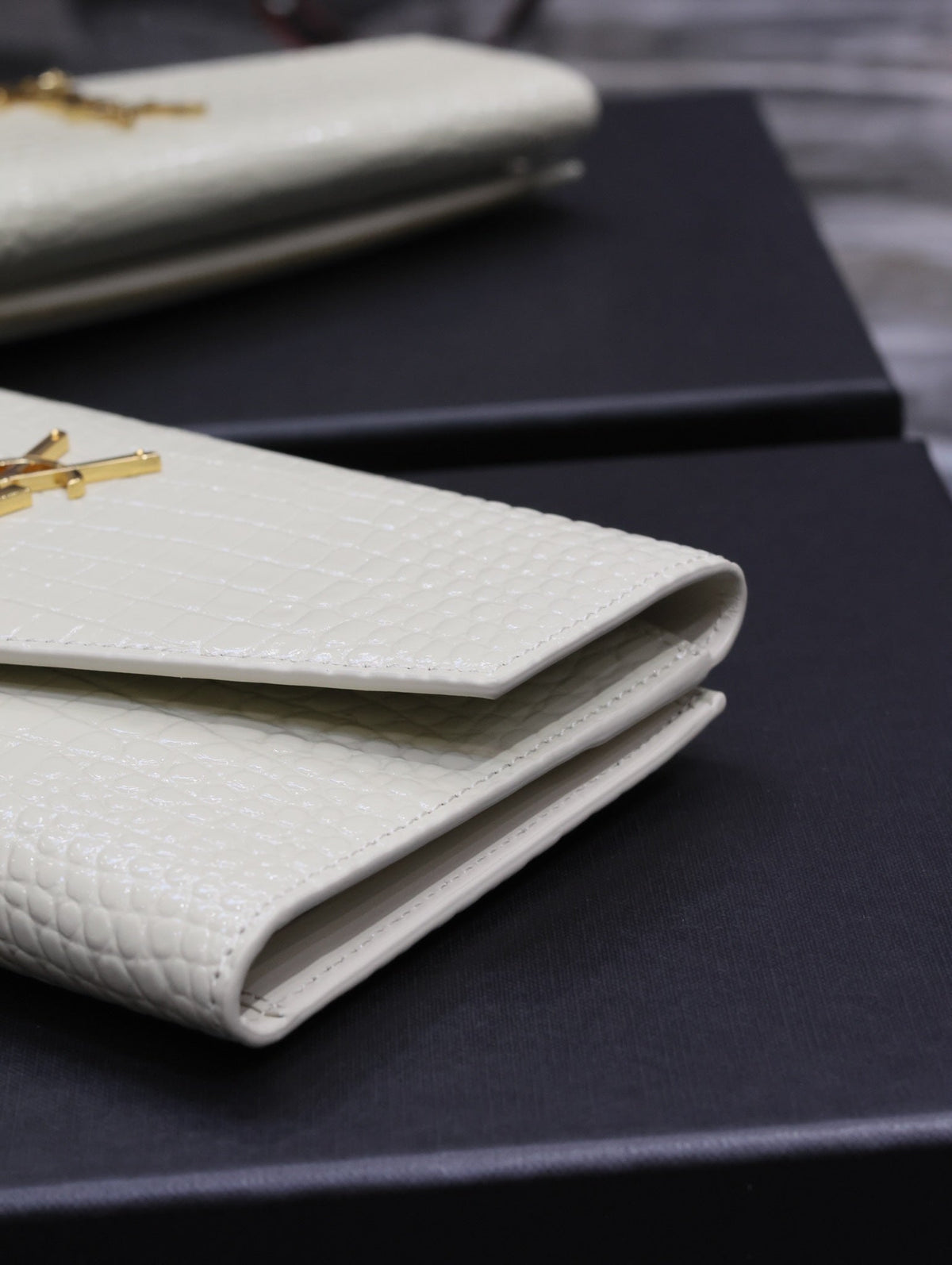 Saint Laurent Uptown Wallet 21 in White Crocodile Pattern Calfskin Gold Logo