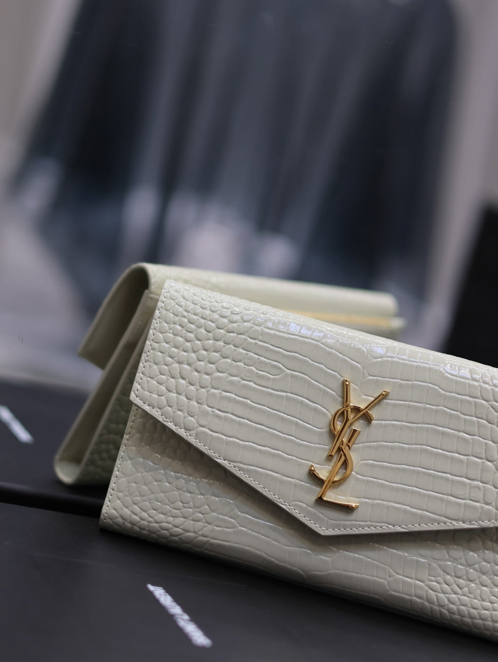 Saint Laurent Uptown Wallet 21 in White Crocodile Pattern Calfskin Gold Logo