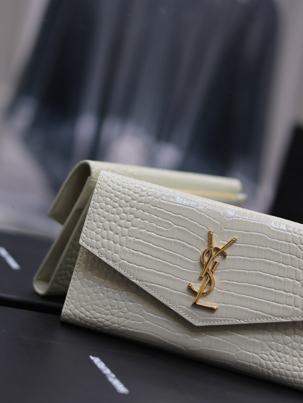 Saint Laurent Uptown Wallet 21 in White Crocodile Pattern Calfskin Gold Logo