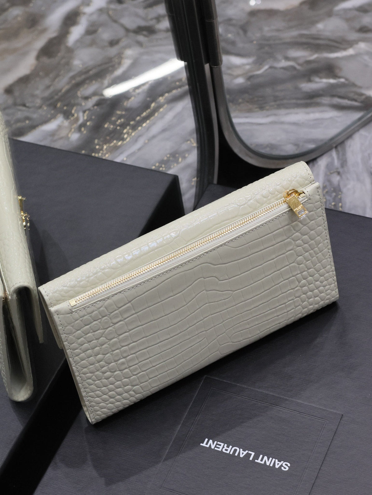 Saint Laurent Uptown Wallet 21 in White Crocodile Pattern Calfskin Gold Logo