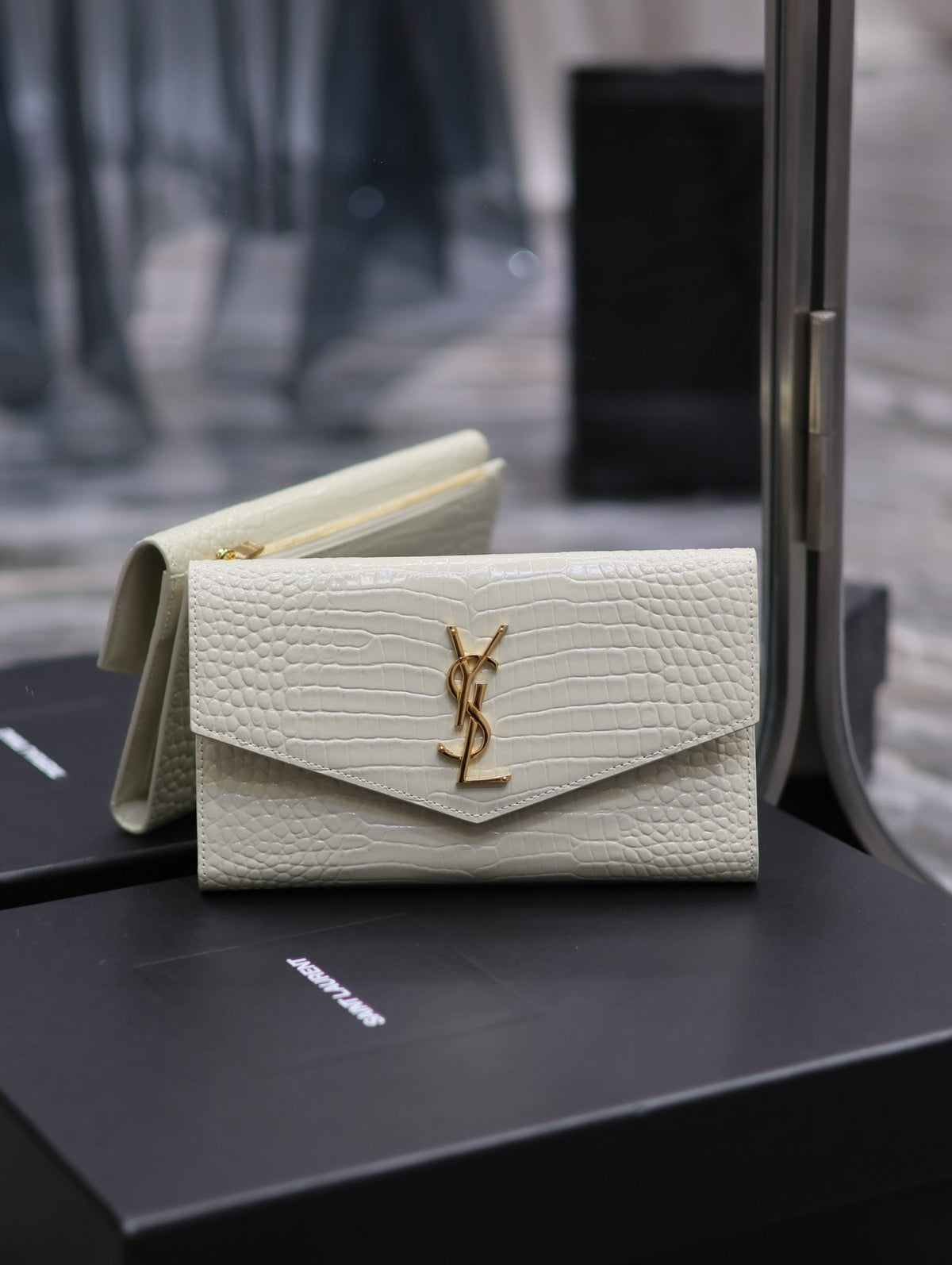 Saint Laurent Uptown Wallet 21 in White Crocodile Pattern Calfskin Gold Logo