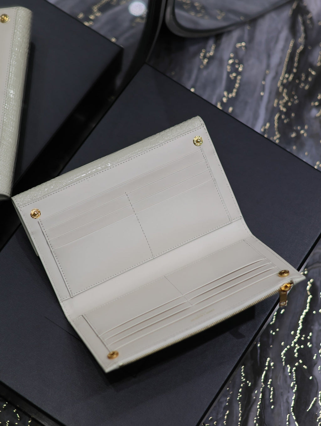 Saint Laurent Uptown Wallet 21 in White Crocodile Pattern Calfskin Gold Logo