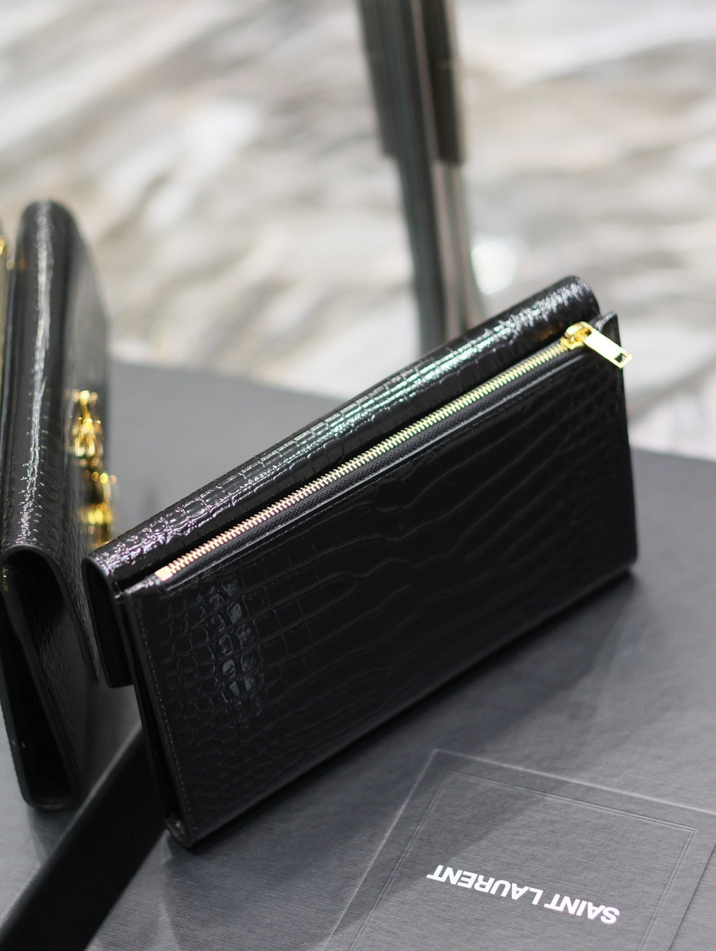 Saint Laurent Uptown Wallet 21 in Black Crocodile Pattern Calfskin Gold Logo