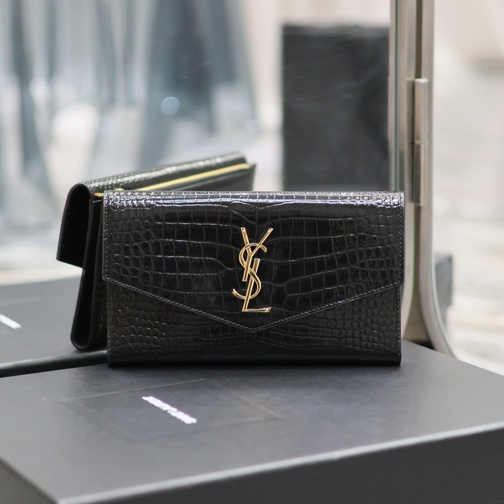 Saint Laurent Uptown Wallet 21 in Black Crocodile Pattern Calfskin Gold Logo