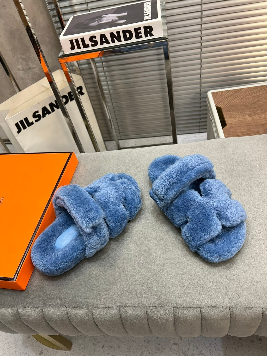 Hermes Chypre Slippers in Azure Blue Lamb Wool
