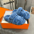 Hermes Chypre Slippers in Azure Blue Lamb Wool