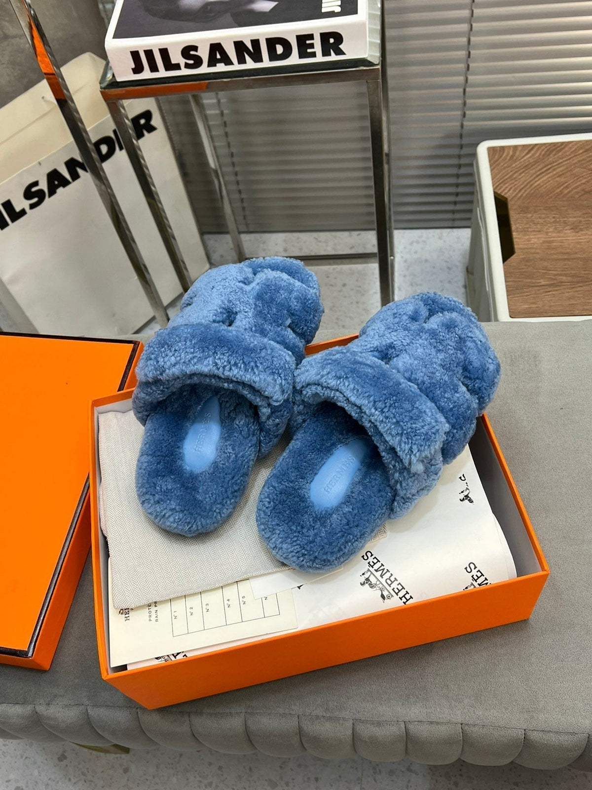 Hermes Chypre Slippers in Azure Blue Lamb Wool
