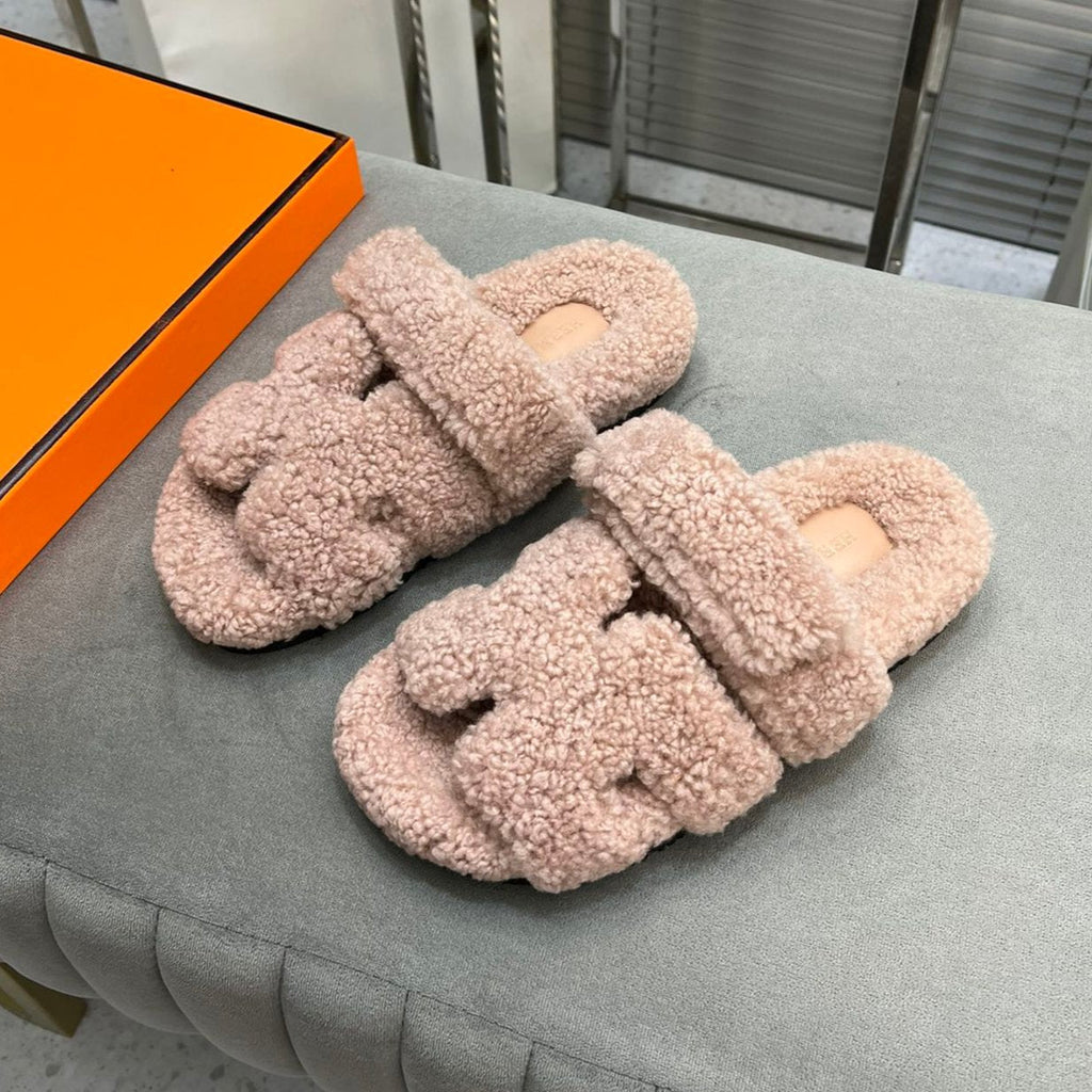 Hermes Chypre Slippers in Rosy Brown Lamb Wool