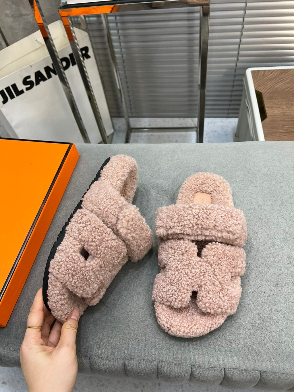 Hermes Chypre Slippers in Rosy Brown Lamb Wool