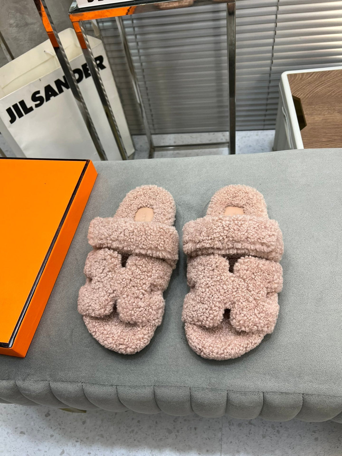 Hermes Chypre Slippers in Rosy Brown Lamb Wool